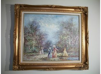 Pretty Oil On Canvas - Girls With Trees - Signed Illegibly  - Gold Gilt Frame
