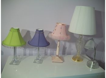 Lot Of Five Table Lamps (Two Lucite Bases) - Pastel Shades - Green, Purple, Pink.