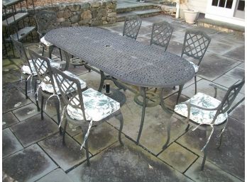 Terrific Cast Metal Table With Eight Chairs, Cushions & Umbrella Holder (paid $3750)