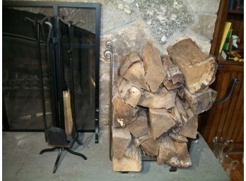 Heavy Duty Iron Log Holder & Fireplace Tools W/Stand