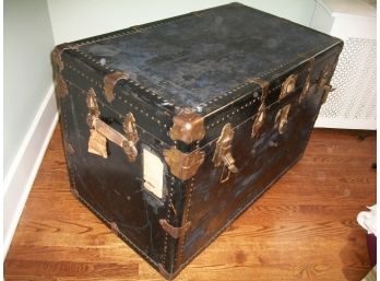 Vintage Black Storage Trunk W/ Contents - Leather Handles
