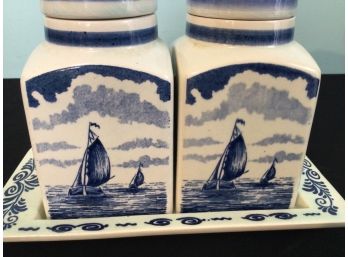 Delft Blauw Pair Canister Jars With Tray & Royal Copenhagen Plaque