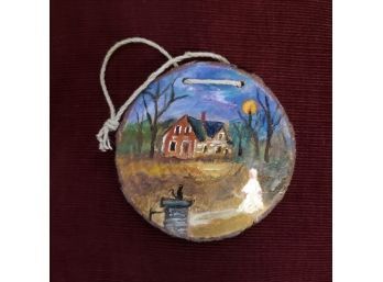 'Halloween Haunting Ornament', Original Oil Painting On 4' Wooden Log Slice With Hanging Twine, Signed