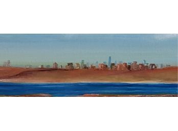 Original Oil Painting By David Lee Berk, 'New York Skyline From Jamaica Bay,' 10 X 20 Wrapped Canvas