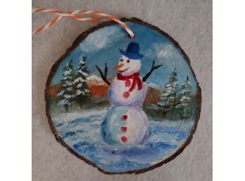 'Jolly Winter Snowman, Hanging Ornament', Original Oil Painting On 4' Wooden Log Slice, Signed On The Back
