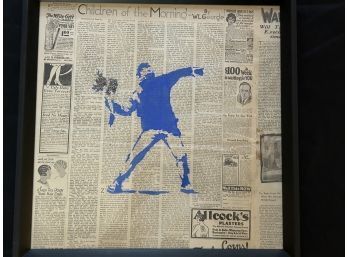 Right Facing Hand Stenciled Banksy's 'the Flower Thrower' On 125 Year Old Original Newspaper (1 Of 2)