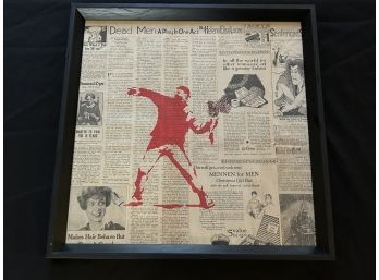 Left Facing Hand Stenciled Banksy's 'the Flower Thrower' On 125 Year Old Original Newspaper (2 Of 2)