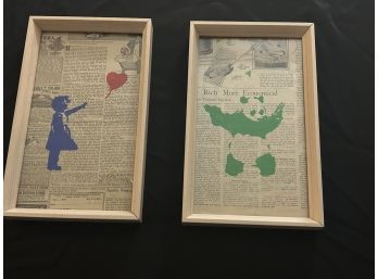 Pair Of Original Hand Stencils On 115 Year Old Newspaper:  Girl With Balloon & Panda, Banksy Each 7' X 12'