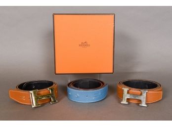 Three Hermes Paris Leather Belts And Two Hermes Belt Buckles