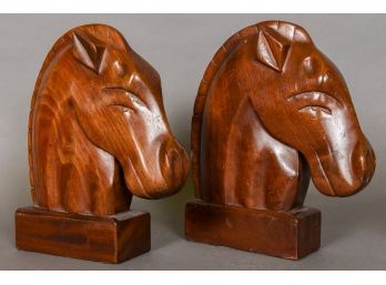 Pair Of Carved Mahogany Wood Horse Head Bookends