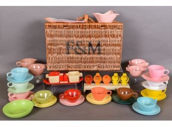 Collection Of Vintage Melmac Plastic Ware And Fortnum & Mason Wicker Basket