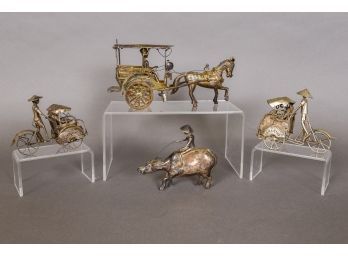Collection Of Four Silver-plated Figurines - Horse & Buggy, Rickshaws And Man With Rice Hat Riding Ox