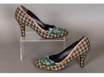 PRADA Tartan Pump Shoes With Jeweled Embellishment - Made In Italy (Size 39)