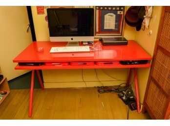 Red Metal Computer Desk With Sliding Panel And Five Trays