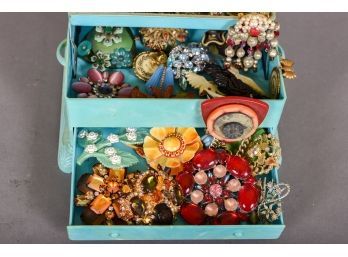 Collection Of Vintage Brooches With Triple Tier Jewelry Case
