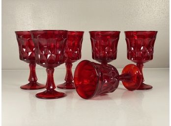 A Gorgeous Set Of Six Scarlet Goblets In Pressed Glass