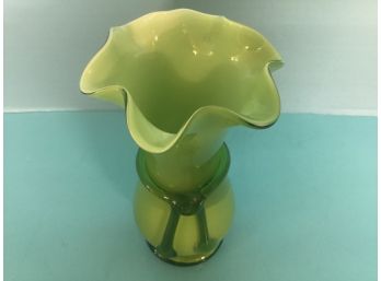 Vintage Ruffle Rim Green Milk Glass Vase With Rigaree (7  Inches Tall)