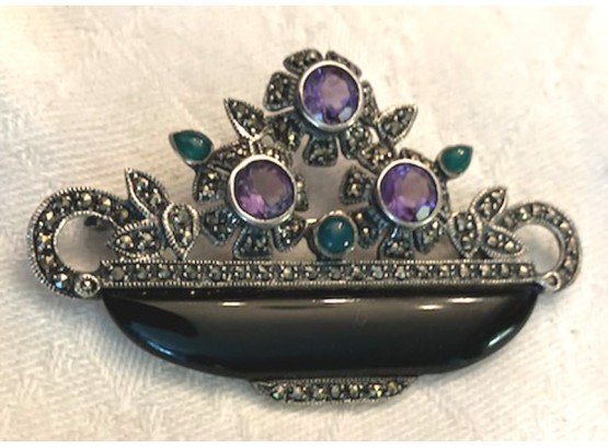 Incredible STERLING PIN, Onyx, Amethyst, Marcasite  Green