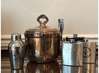 Silverplate Ice Bucket And Metal Flasks