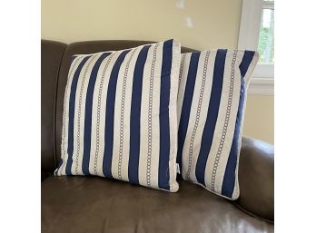 A Pair Of Cotton Blue And White Striped Pillows - 20' Square