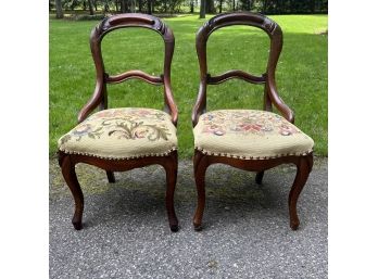 A Pair Of Antique Victorian Balloon Back Needle Point Chairs