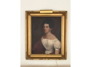 An Antique Portrait With Gilt Frame And Light  - Original Oil On Board