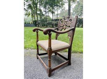A Tudor Revival Carved Black Walnut 1930s  Open Arm Chair - From Kittingers