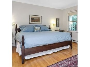 A King Size Dark Wood Spool Bedstead- Includes Mattress And Box Springs
