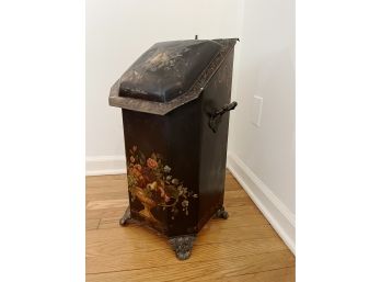 An Antique Victorian Hand Painted Tole Coal Scuttle - With Original Liner Bucket