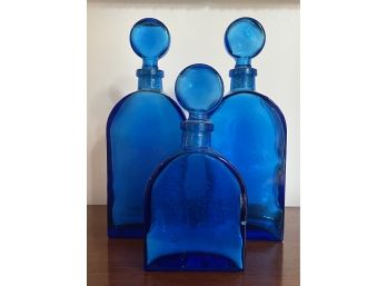 Handblown Blue Glass Bottles With Stoppers