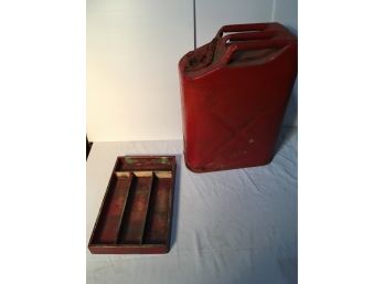Old Metal Gas Can And Small Antique Wooden Tray