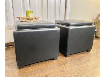 Pair Leather Square Ottomans