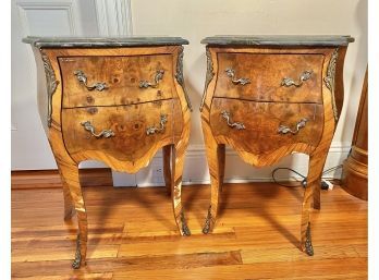 Pair Of Burled Wood Bombe Chest Of Drawers With Marble Tops