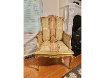 Vintage French Louis Style Gold Giltwood Carved  Arm Chair With Cane Sides