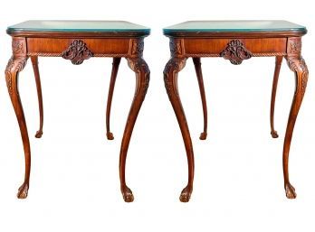 Pair Of Vintage Mahogany French Louis XV Style Side Tables With Glass Top