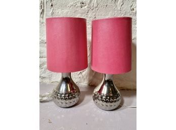 Pair Of  Silver Color Table Lamps With Red Faux Leather Shades