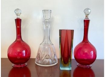 Three Decanters And A Murano Style Vase