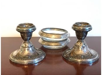 Weighted Silver Candlestick Holders And Glass And Silver Trim