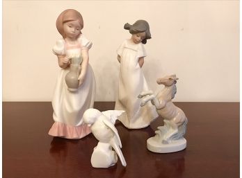 Four Figurines Small Horse. Two Girls And A Bird