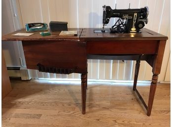 Necchi Vintage Sewing Machine With Accessories And Wooden Cabinet