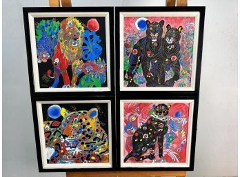 Jiang Tiefang 'Cats Suite' Hand Signed  4 Piece Original Serigraph On Unstretched Canvas, Cert Of Auth