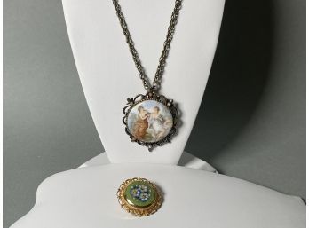 Vintage Italian Micro Mosaic & Porcelain Cameo Brooch (necklace)