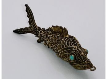 Vintage Silver Gilt Filigree Large Articulated Fish Pendant Pill Box