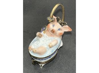 Whimsical Vintage Limoges Pig In Tub Porcelain Hinged Box