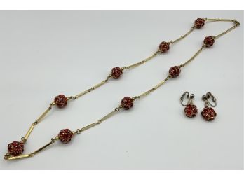 Beautiful Vintage Red Rhinestone Necklace W/drop Clip Earrings