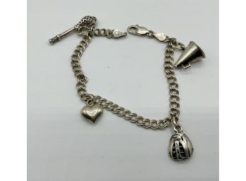 Sterling Silver Charm Bracelet W/4 Charms ~ Lacrosse Stick, Baseball Glove, Megaphone & Heart ~