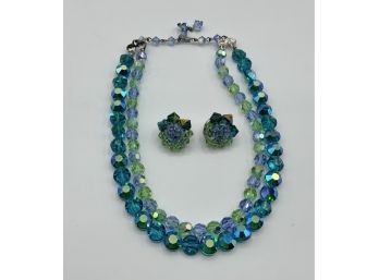 Gorgeous Vintage Glass Crystal Double Strand Necklace W/matching Clip Earrings
