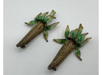 2 Antique 800 Silver Enamel Corn On The Cob Brooches