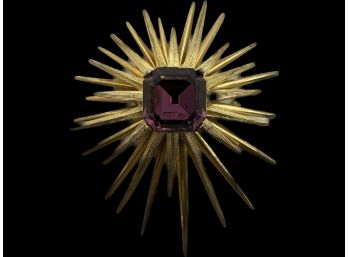 Gorgeous Vintage Capri Sunburst Brooch With Prong Set Amethyst Colored Stone