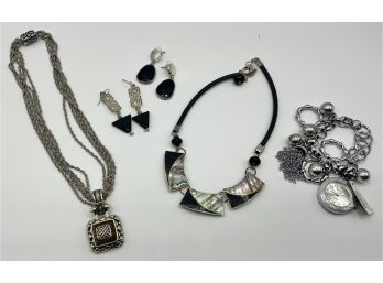 2 Necklaces, 2 Pair Pierced Earrings & NEW Chicos Linked Bracelet Watch